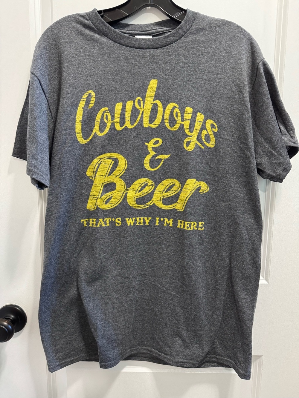 Gray Tee with Yellow 'Cowboys & Beer' Graphic